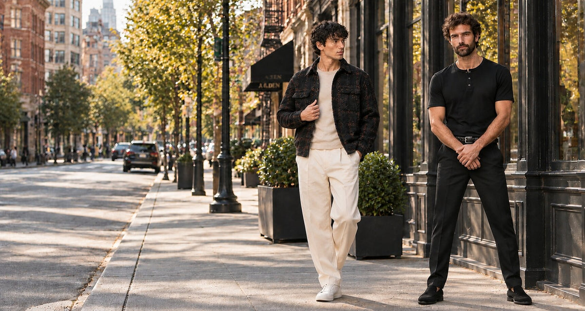 Two male models walking and standing on a city sidewalk lined with trees and storefronts. The model on the left wears a dark quilted jacket over a light beige shirt and cream pants, while the model on the right wears a black short-sleeve shirt and black pants.